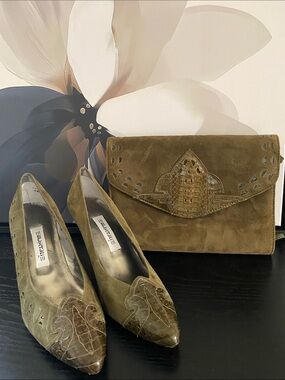 Vintage 80’s Sage Green Suede and Snakeskin Purse and Heels Set